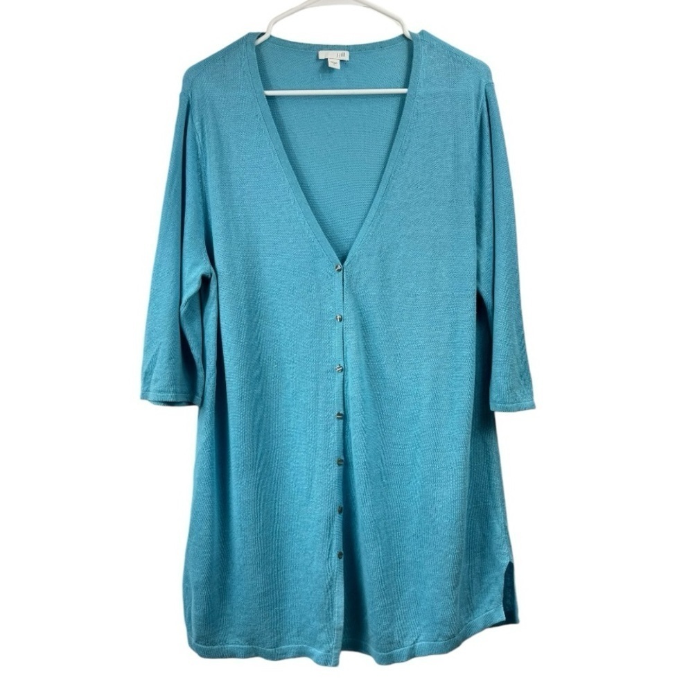 J. Jill Size Large Linen Blend Cardigan Blue Button Front Long Sleeve V-Neck